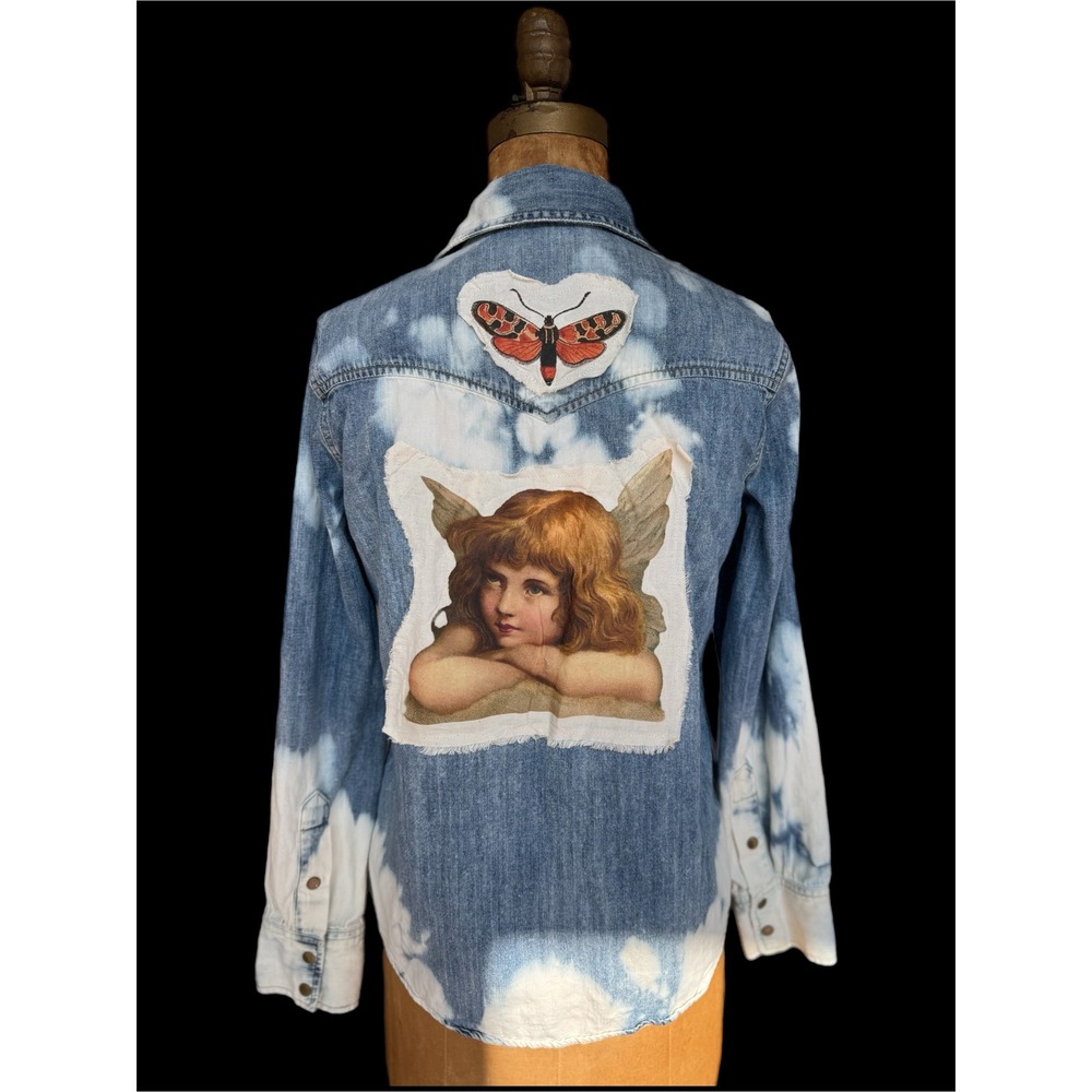 Upcycled Madewell Denim Shirt Cherub Patch Small‎ Boho Folk Art